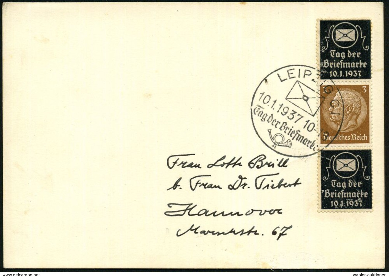 LEIPZIG C 1/ Tag Der Briefmarke 1937 (10.1.) SSt Auf Reklame-Zus.-Druck 3 Pf. Hindenburg + 2x Zierfeld "Tag Der Briefmar - Giornata Del Francobollo