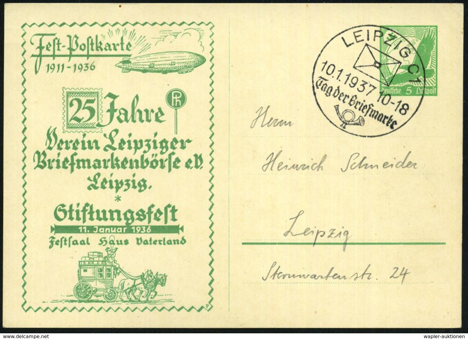 LEIPZIG C 1/ Tag Der Briefmarke 1937 (10.1.) SSt Auf PP 5 Pf. Adler, Grün: Fest-Postkarte..Stiftungsfest, 11.Jan.1936/.. - Día Del Sello
