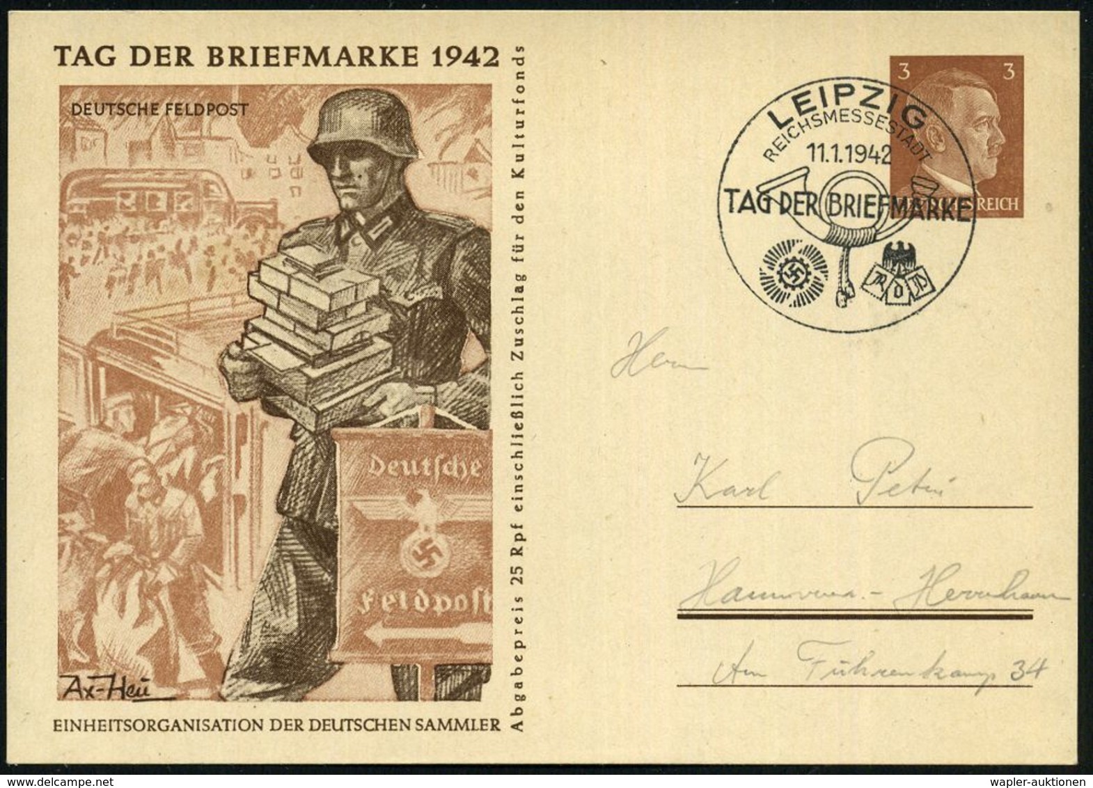 LEIPZIG/ REICHSMESSESTADT/ TAG DER BRIEFMARKE 1942 (11.1.) SSt Auf Sonder-P 3 Pf. Hitler, Braun: TAG DER BRIEFMARKE.. DE - Giornata Del Francobollo