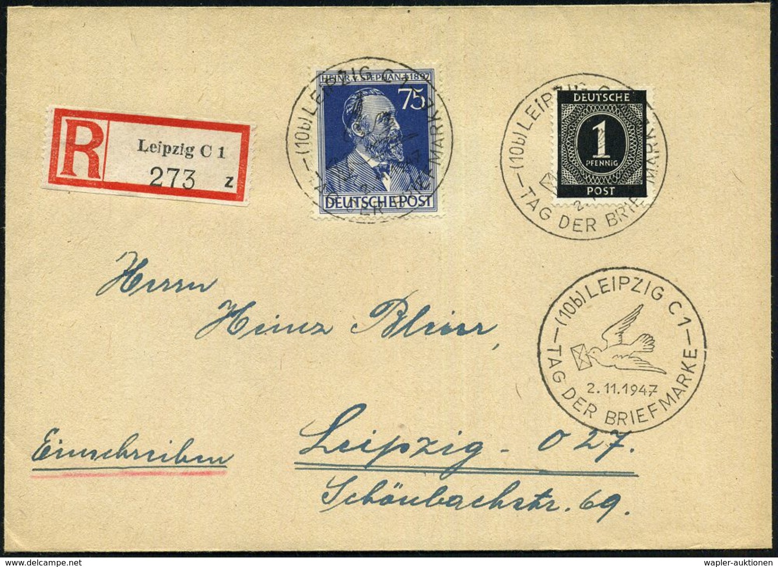 (10b) LEIPZIG C 1/ TAG DER BRIEFMARKE 1947 (2.11.) SSt = Brieftaube, 3x Auf 75 Pf. Heinr. V. Stephan U.a. (Mi.964 Etc.)  - Giornata Del Francobollo