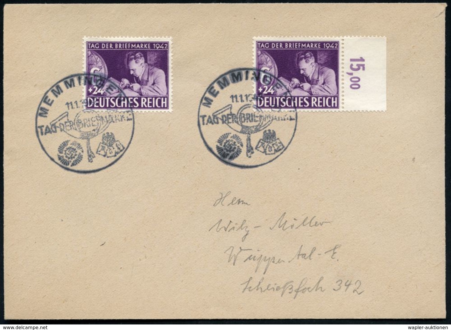 MEMMINGEN/ TAG DER BRIEFMARKE 1942 (11.1.) SSt Auf 2x 6 + 24 Pf. Tag Der Briefmarke (Mi.811 MeF, + 11.- EUR) Portorichti - Día Del Sello