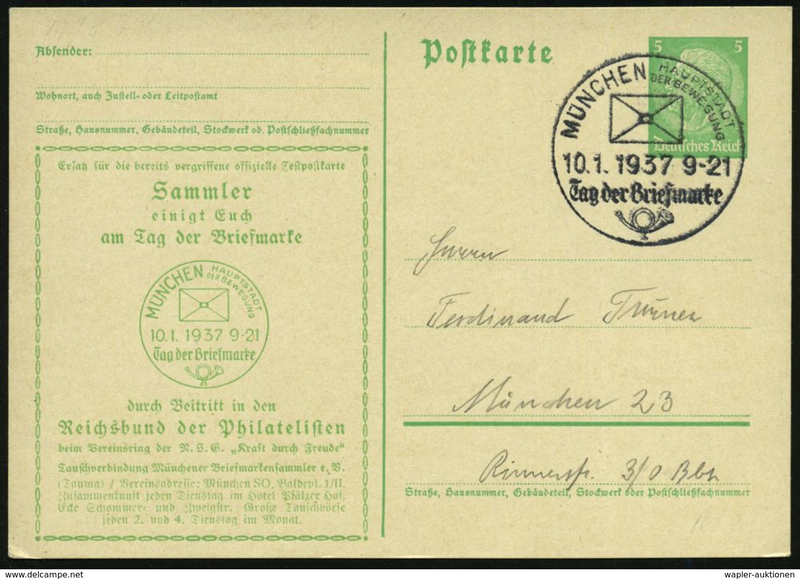 MÜNCHEN/ HDB/ Tag Der Briefmarke 1937 (10.1.) SSt Auf Seltener PP 5 Pf. Hindenbg. Grün: Sammler/einigt Euch/am Tag Der B - Giornata Del Francobollo