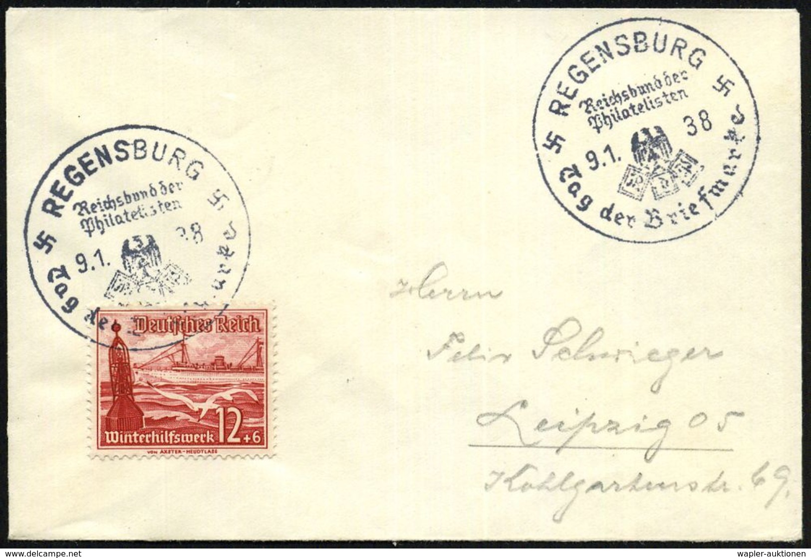 REGENSBURG/ RdPh/ Tag D.Briefmarke 1938 (9.1.) SSt (RdPh-Logo) 2x Klar Auf EF 12 + 6 Pf. WHW. (Mi.656 EF) Kleiner, Dekor - Giornata Del Francobollo