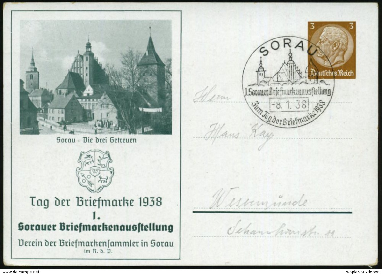 SORAU/ 1.Sorauer Briefmarkenausstellung/ ..Tag Der Briefmarke 1938 (8.1.) SSt = "Die Drei Getreuen" = Haupt-kirche, Gloc - Giornata Del Francobollo