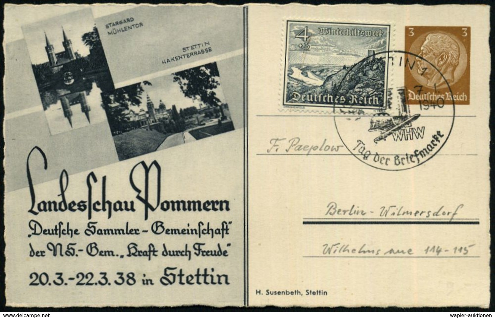 STETTIN 1/ WHW/ Tag Der Briefmarke 1940 (7.1.) SSt Auf PP 3 Pf. Hindenbg., Braun: Landesschau Pommern "DSG"/"KdF" Mit 2  - Día Del Sello