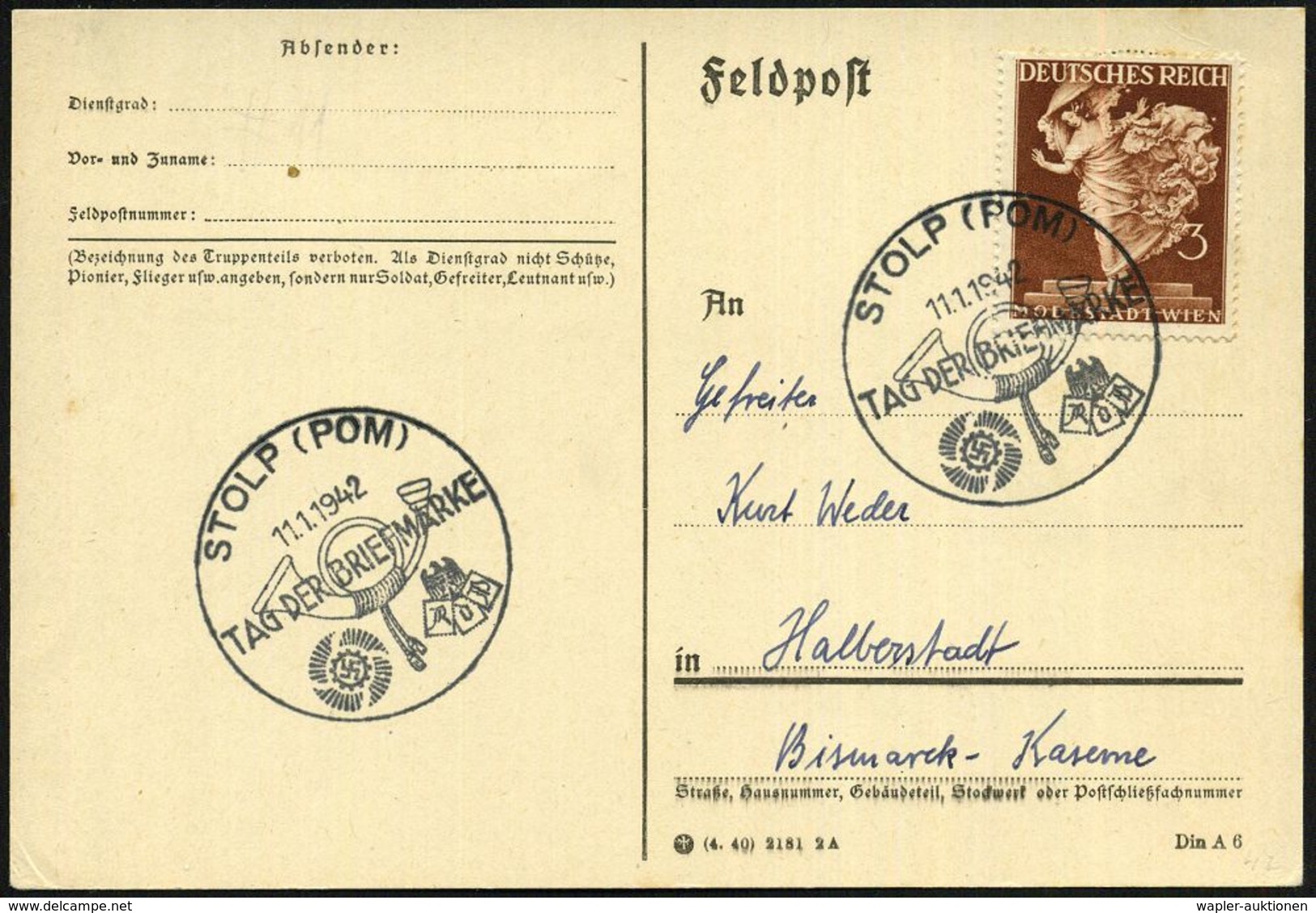 STOLP (POM)/ TAG DER BRIEFMARKE 1942 (11.1.) Seltener SSt (Posthorn, KdF-Logo Etc.) Klar Gest. Inl.-Kt. (Bo.15 = Seltene - Giornata Del Francobollo