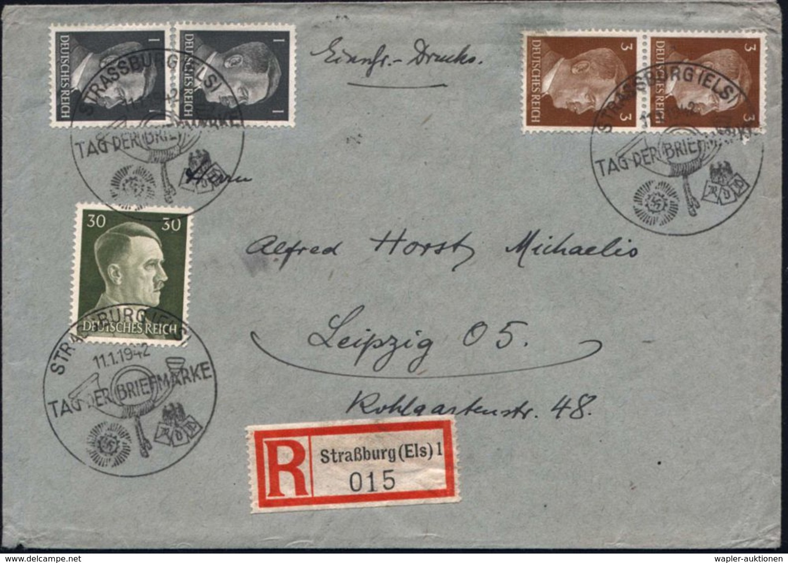 STRASSBURG (ELS)/ TAG DER BRIEFMARKE 1942 (11.1.) SSt (Posthorn) 3x Auf Hitler-Frankatur + RZ: Straßburg (Els) 1, Selten - Giornata Del Francobollo