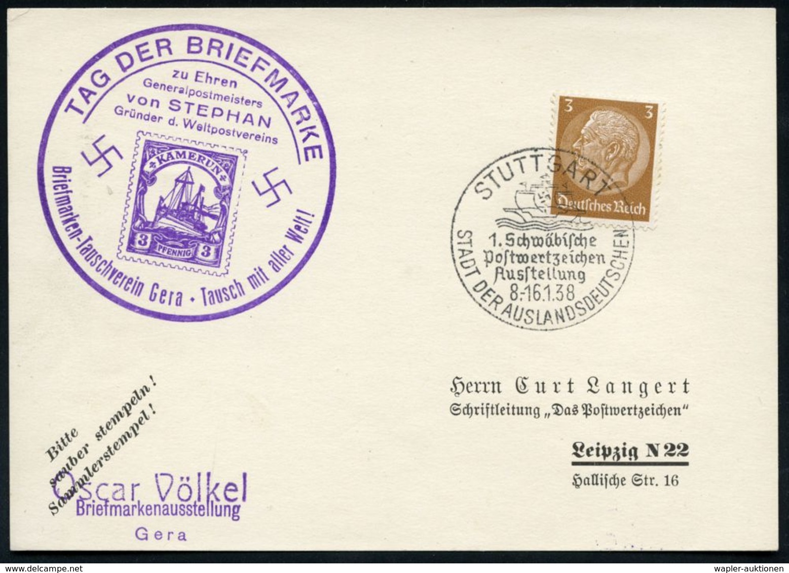 STUTTGART/ SDA/ 1.Schwäb./ Postwertz./ Ausstellung/ 8.-16.1. 1938 (Jan.) SSt (Hansekogge) + Viol. 1K-HdN: TAG DER BRIEFM - Giornata Del Francobollo