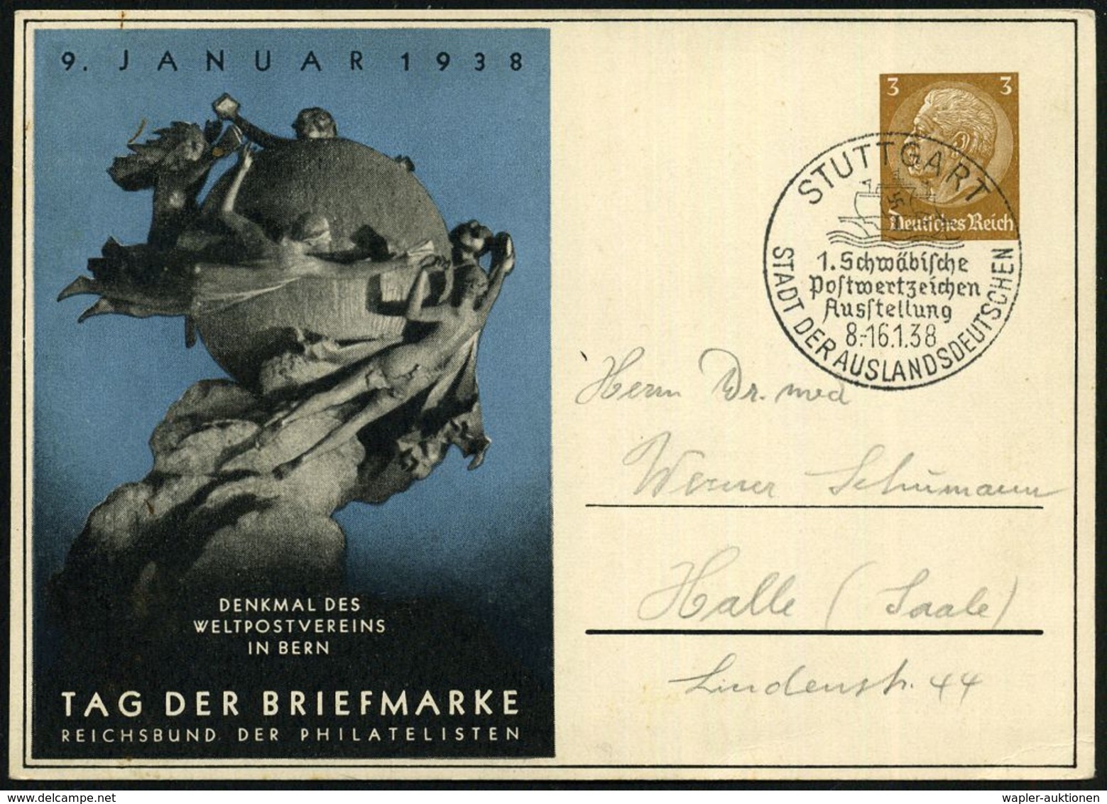 STUTTGART/ 1.Schwäbische Postwertz.Ausstellung/ SDA 1938 (Jan.) SSt Auf PP 3 Pf. Hindenbg., Braun: TAG DER BRIEFMARKE..  - Giornata Del Francobollo