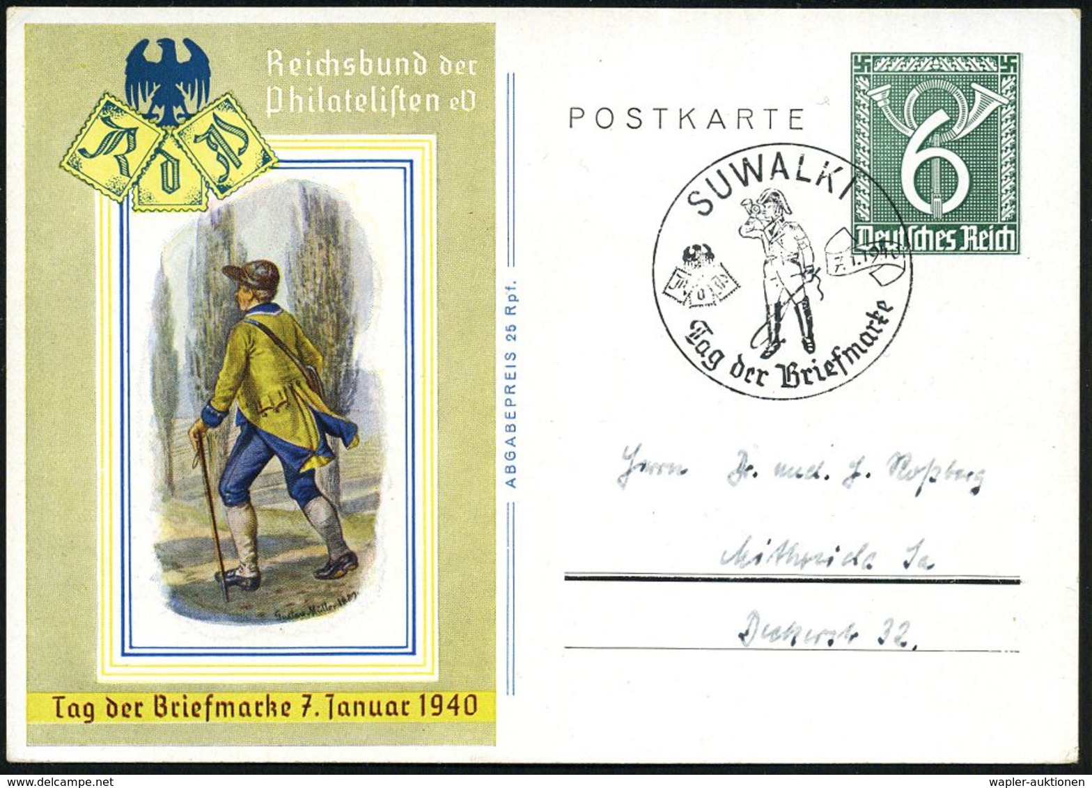 SUWALKI/ Tag Der Briefmarke 1940 (7.1.) SSt = Postillon (mit Posthorn U. Peitsche) Auf Sonder-P 6 Pf. Posthorn, Grün: Ta - Giornata Del Francobollo