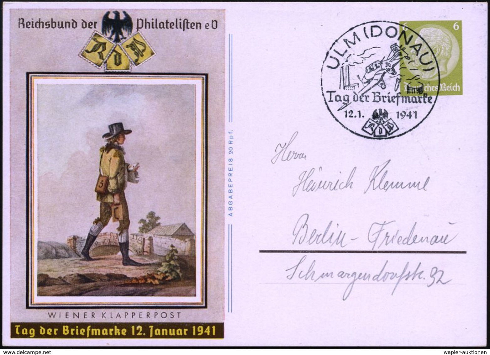 ULM (DONAU)/ Tag Der Briefmarke 1941 (12.1.) SSt = Ju 87 "Stuka" Klar Auf Sonder-P 6 Pf. Hindenbg.: "Tag Der Briefmarke" - Dag Van De Postzegel