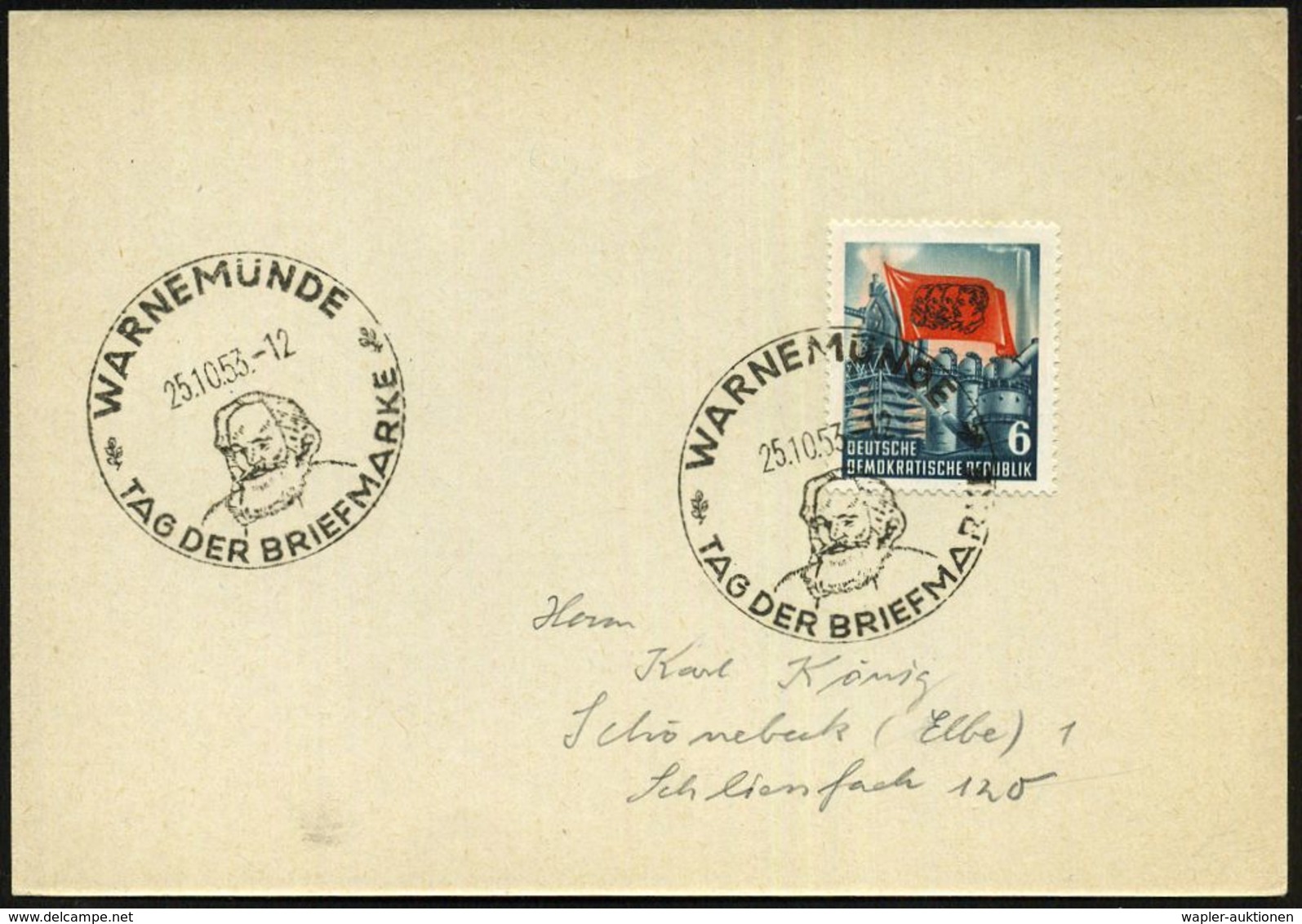 WARNEMÜNDE/ TAG DER BRIEFMARKE 1953 (25.10.) SSt = Marx-Brustbild Auf EF 6 Pf. "Karl-Marx-Jahr" (Mi.344 EF + 8.- EUR) Kl - Día Del Sello