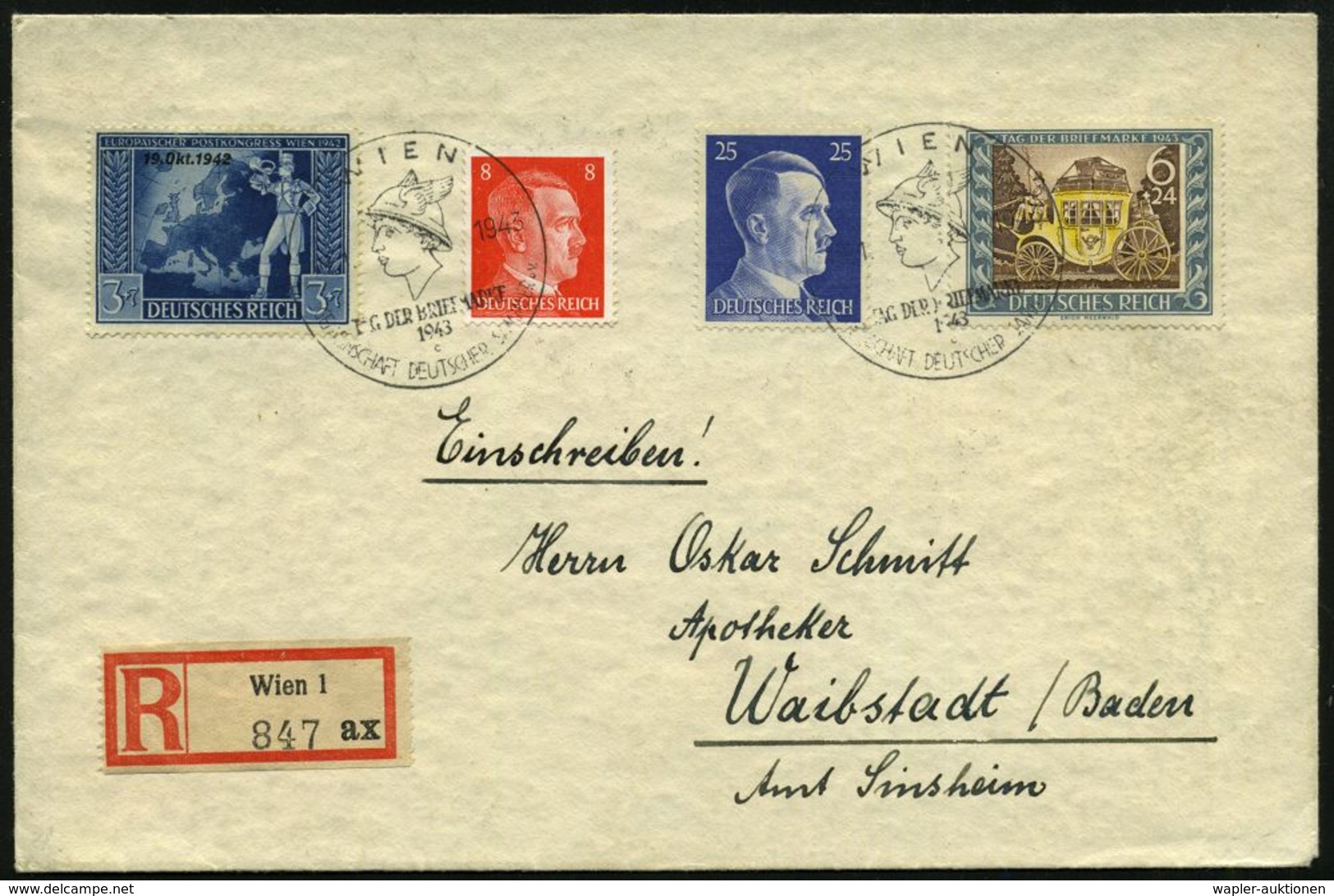 WIEN/ TAG DER BRIEFMARKE/ C/ GDS 1943 (10.1.) SSt = Merkurkopf 2x Auf 6 + 24 Pf. Tag D. Briefmarke (Mi.823, 828 Etc.) +  - Día Del Sello