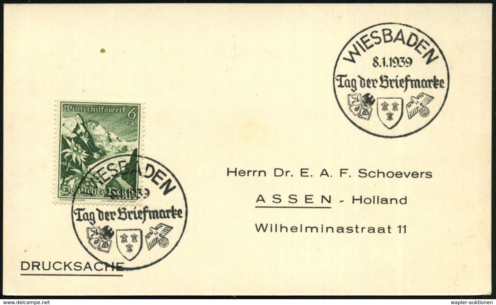 WIESBADEN/ Tag D.Briefmarke 1939 (8.1.) SSt (RdPh U. WHW-Logo) Auf EF 6 + 4 Pf. WHW., Klar Gest. Ausl.-Kt (Bo.46) - - Giornata Del Francobollo