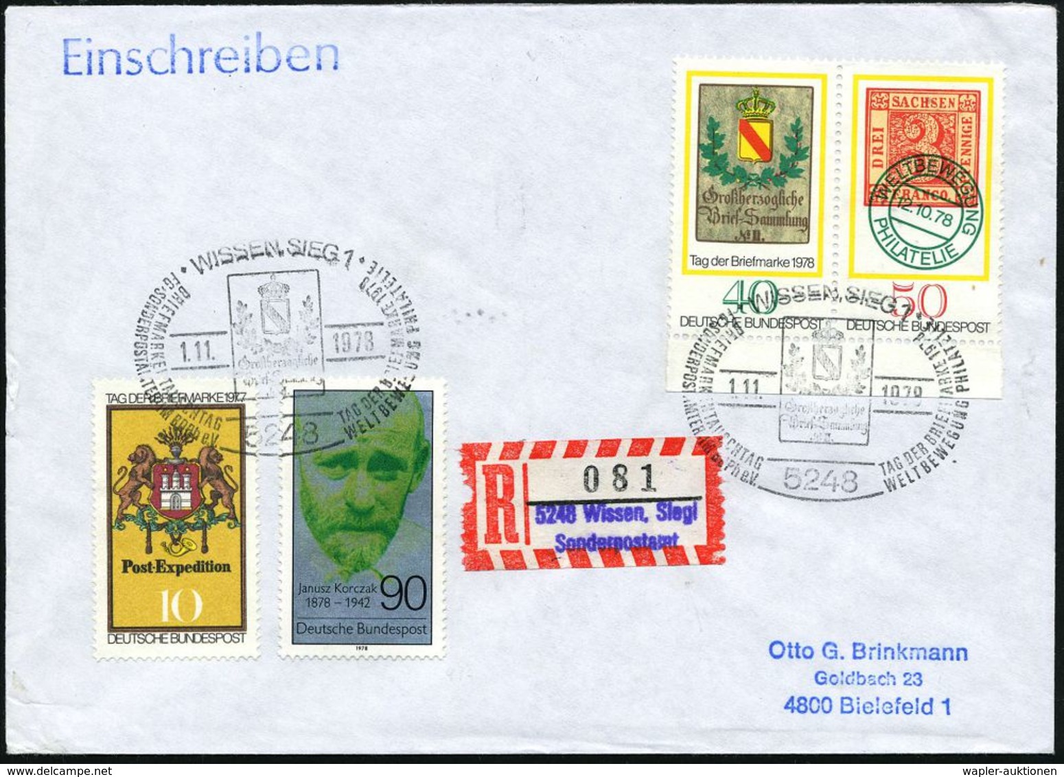 5248 WISSEN,SIEG 1/ BRIEFMARKENTAUSCHTAG/ TAG DER BRIEFMARKE. 1978 (1.11.) SSt Auf Kompl. Satz Tag. D. Briefmarke + 10 P - Dag Van De Postzegel