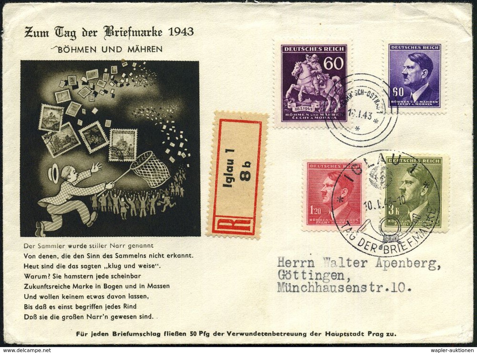 BÖHMEN & MÄHREN 1943 (10.1./11.1.) SSt: IGLAU 1/TAG DER BRIEFMARKE U. Ring-SSt.: MÄHR.-OSTRAU 1/*** (= TdB) Zusammen Auf - Día Del Sello