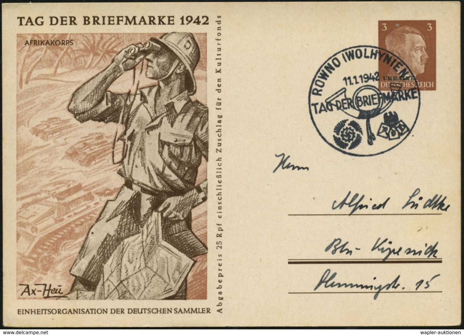 DT.BES.UKRAINE 1942 (11.1.) SSt: ROWNO (WOLHYNIEN)/TAG DER BRIEFMARKE Auf Sonder-P 3 Pf. Hitler: TAG DER BRIEFMARKE/ DEU - Giornata Del Francobollo