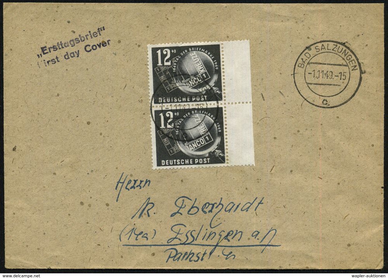 D.D.R. 1949 (1.11.) 12 + 3 Pf. "Tag Der Briefmarke", Reine MeF:  Randpaar = 100 Jahre Briefm. , Klar Gest. (BAD SALZUNGE - Journée Du Timbre