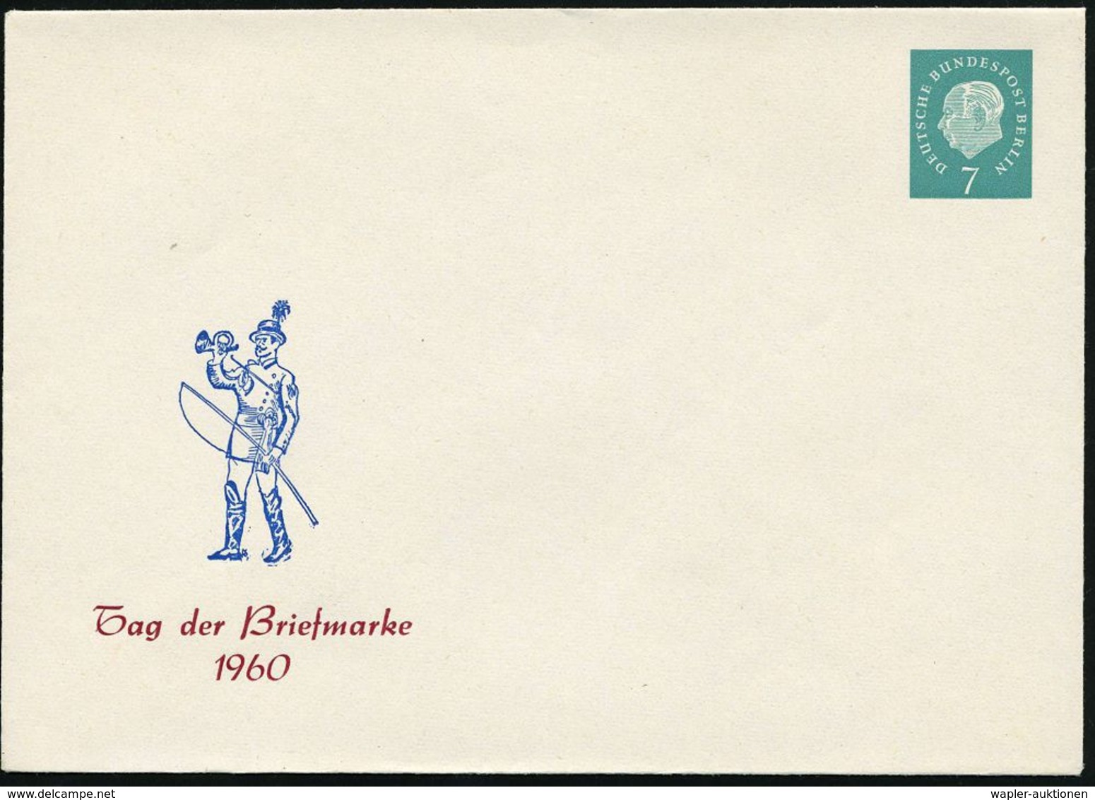 BERLIN 1960 PU 7 Pf. Heuss III, Bl.grün: Tag Der Briefmarke 1960 (Postillon) Ungebr. (Mi.PU 21/2) - - Giornata Del Francobollo