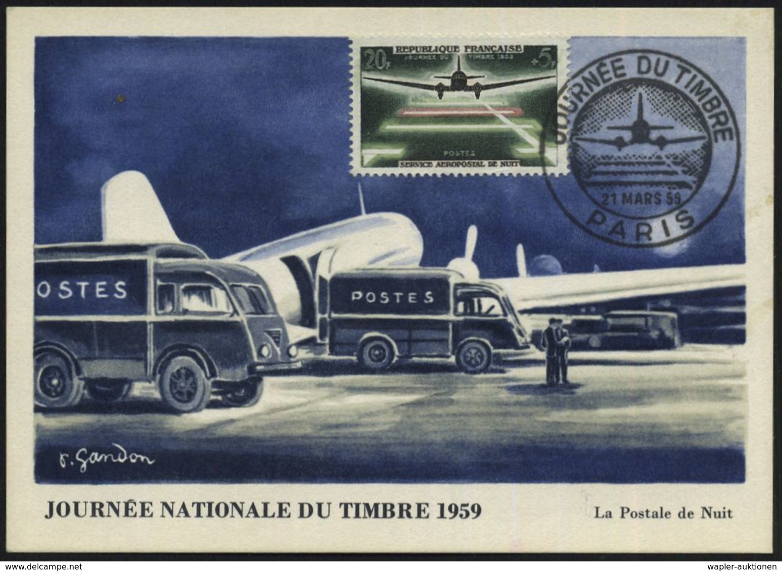 FRANKREICH 1959 (21.03) SSt. PARIS/JOURNEE DU TIMBRE (Postflugzeug) Auf 20 F. "Tag Der Briefmarke" (Nachtluftpost), ET-M - Dag Van De Postzegel