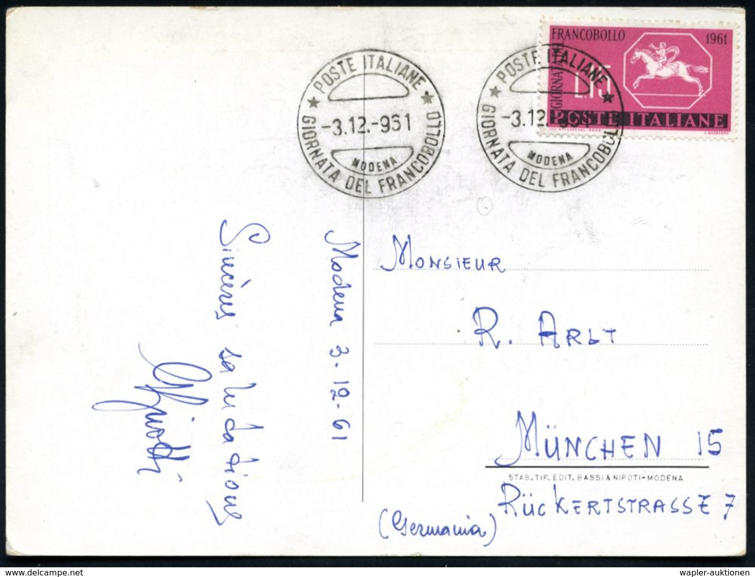 ITALIEN 1961 (3.12.) SSt.: MODENA/GIORNATA DEL FRANCOBOLLO Auf EF 15 L. "Tag D. Briefmarke" (Mi.1116) Ausl.-Sonder-Kt.   - Giornata Del Francobollo