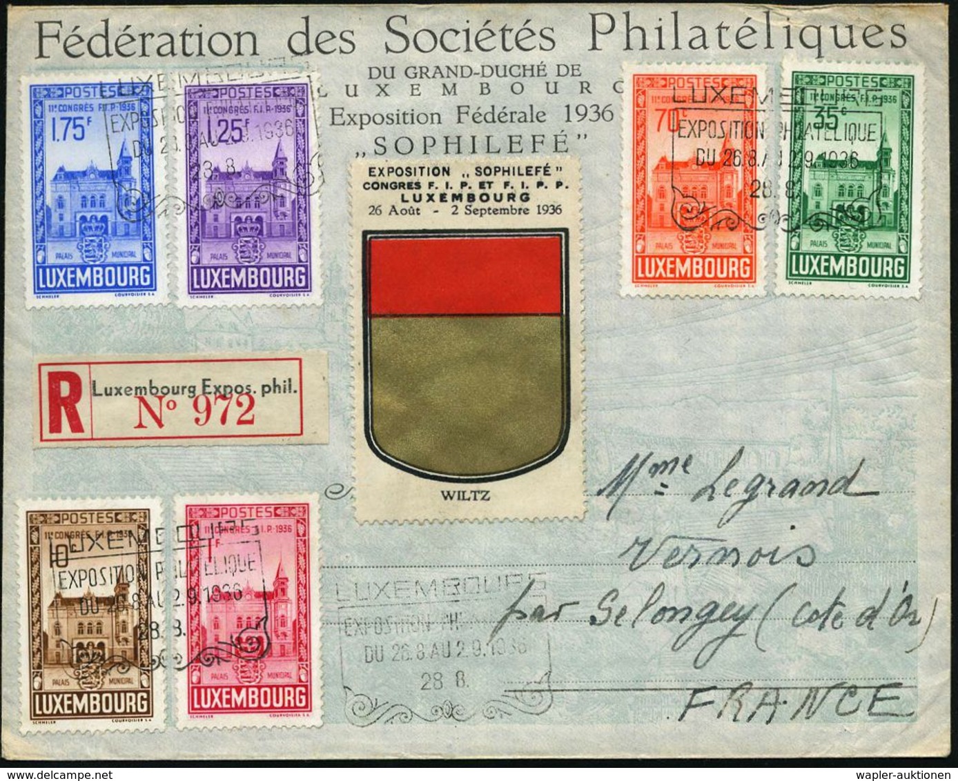 LUXEMBURG 1936 (26.8.) 11. F.I.P.-Kongreß, Kompl. Satz (Beschluß Für Den "Tag D.Briefmarke!") + 3x SSt + Sonder-RZ: Luxe - Giornata Del Francobollo