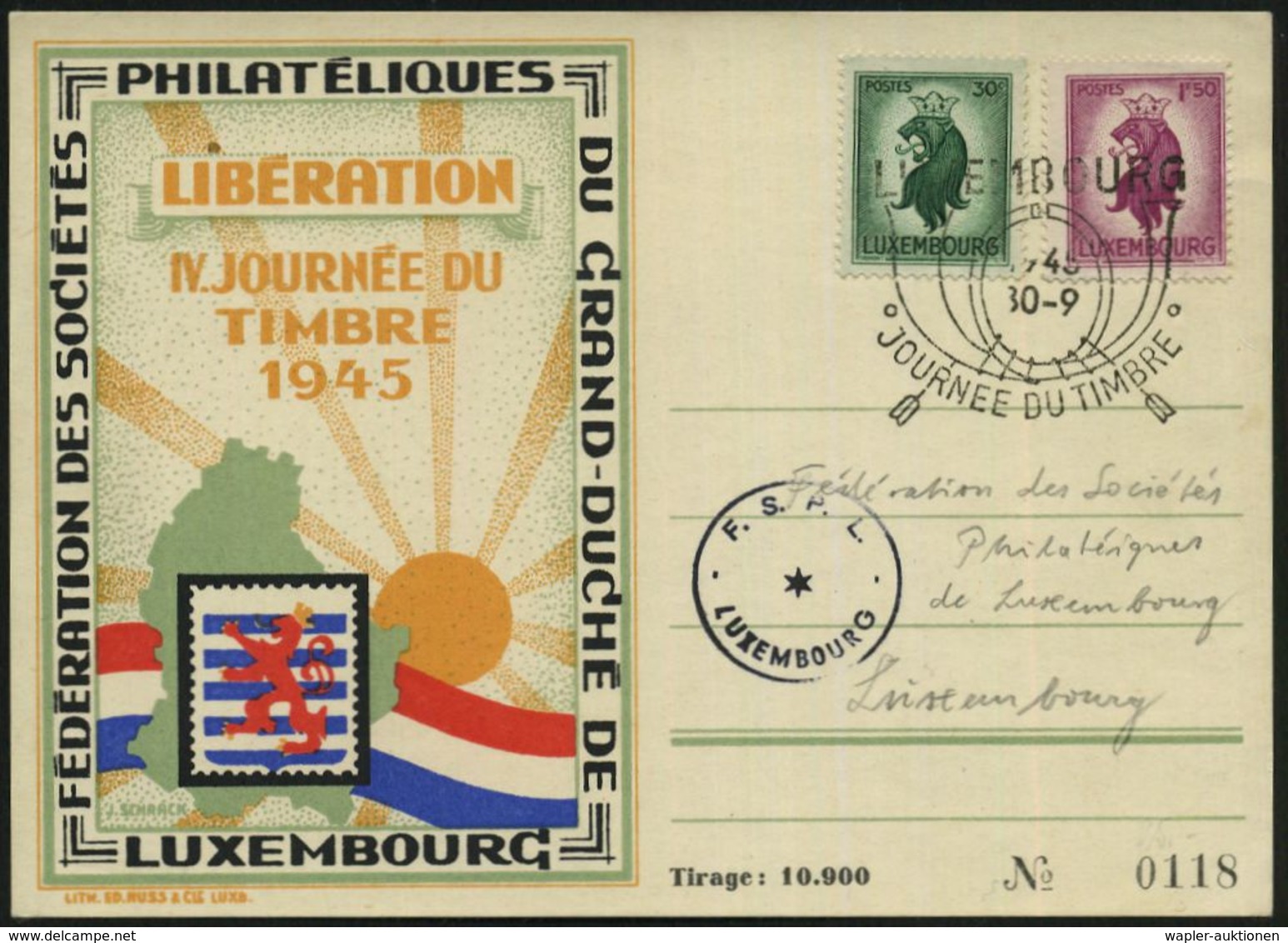 LUXEMBOURG 1945 (30.9.) SSt: POSTHORN/JOURNEE DU TIMBRE (Posthorn) + HdN: F.S.P.L., Inl.-Sonder-Kt.: IV. Tag Der Briefma - Giornata Del Francobollo