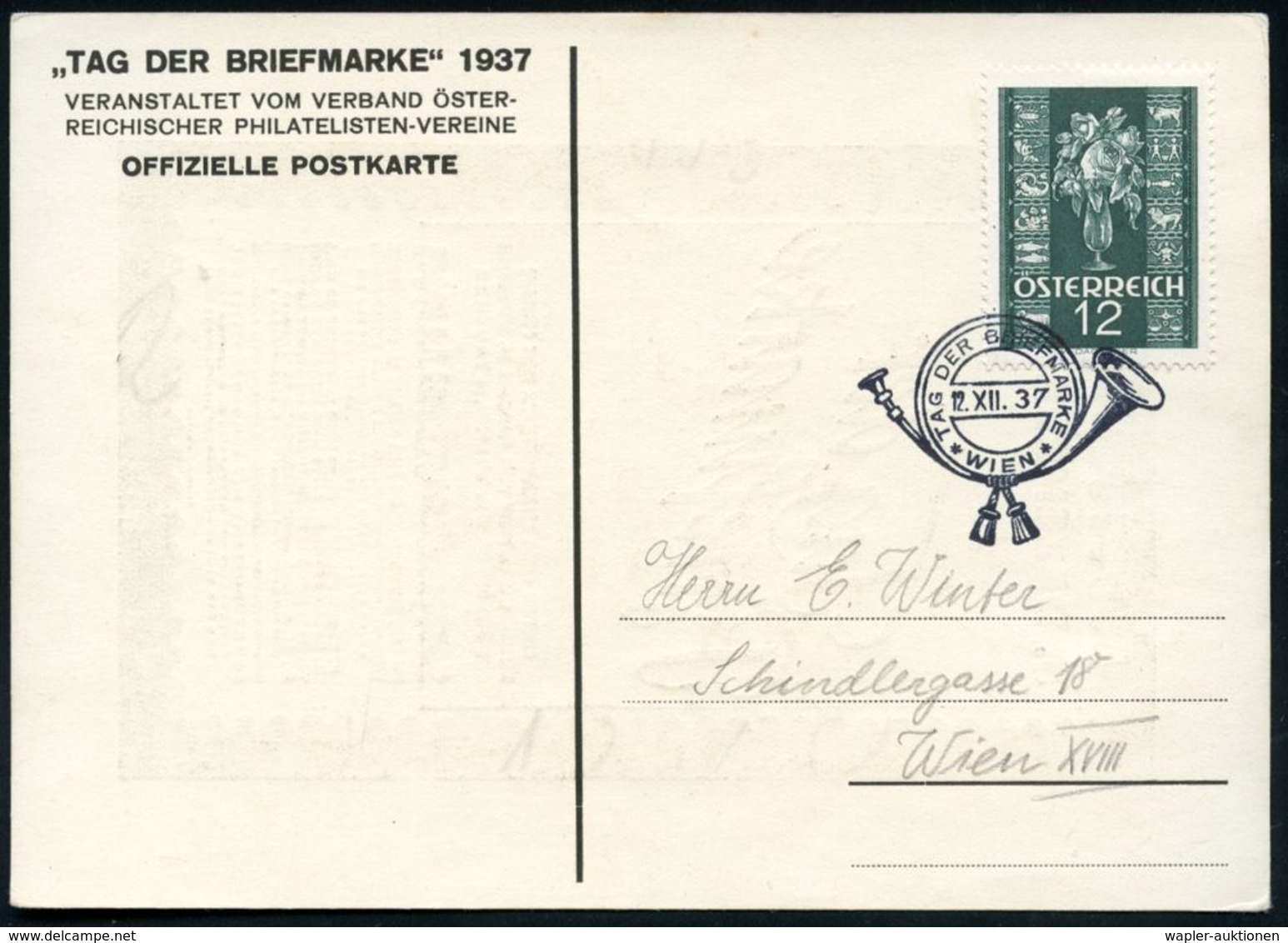 ÖSTERREICH 1937 (12.12.) SSt: WIEN/TAG DER BRIEFMARKE In Form Eines Posthorns , Klar Gest. Color-Sonder-Kt.: SONDERAUSST - Giornata Del Francobollo