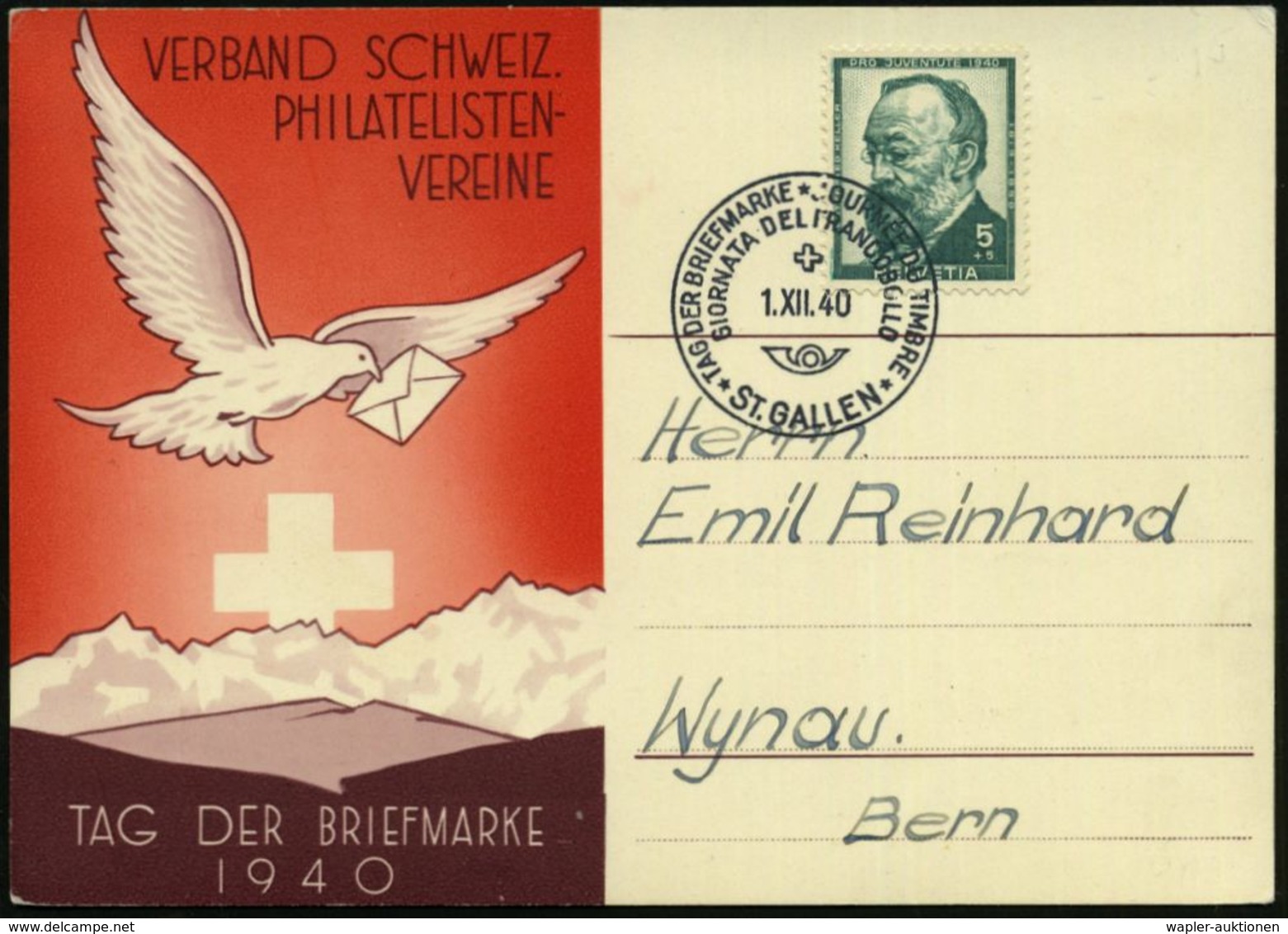 SCHWEIZ 1940 (1.12.) Dreisprachiger SSt.: ST. GALLEN/TAG DER BRIEFMARKE.. (Posthorn) Klar Gest. Inl.-Sonder-Kt.: TAG DER - Giornata Del Francobollo