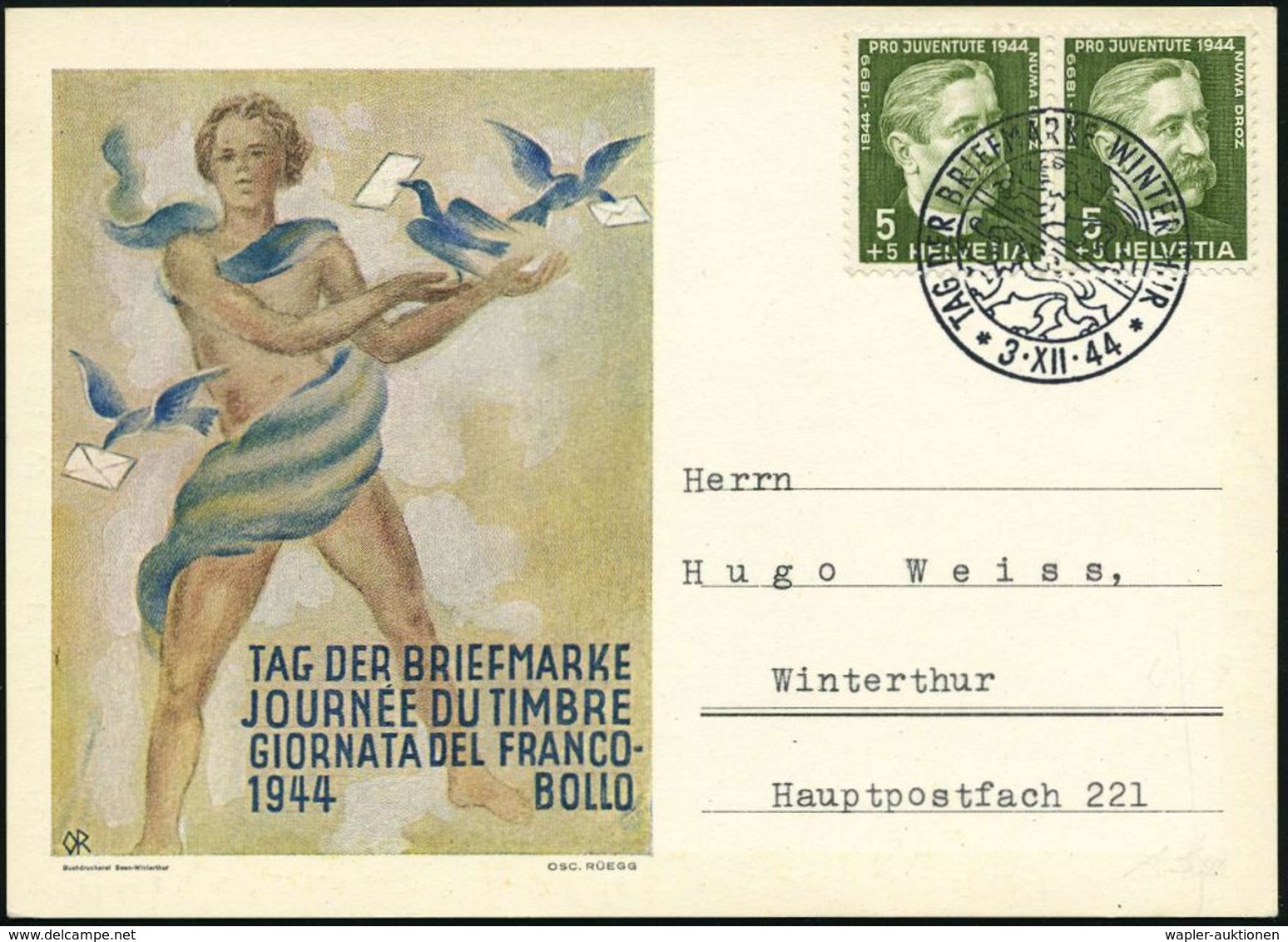 SCHWEIZ 1944 (3.12.) SSt.: WINTERTHUR TAG DER BRIEFMARKE (Wappen-Löwen) Auf Paar 5 + 5 C. Juventute (Mi.439 MeF) Orts-Co - Giornata Del Francobollo
