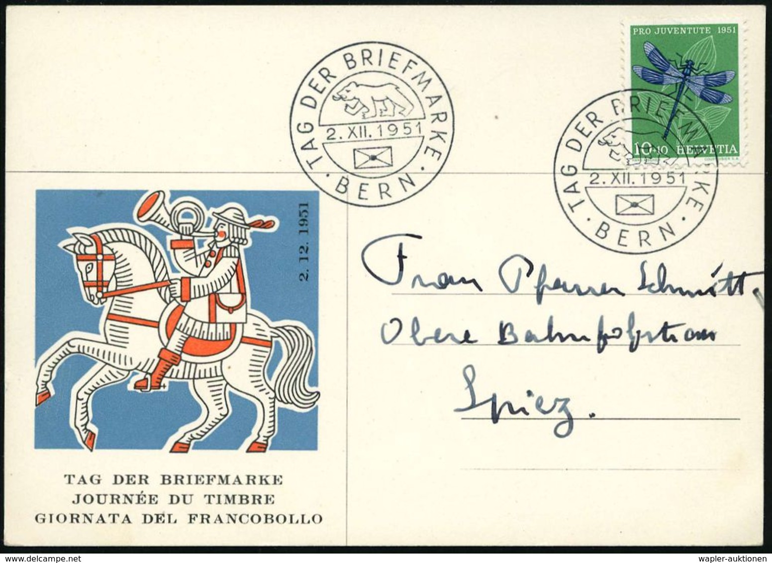 SCHWEIZ 1951 (2.12.) SSt.: BERN/TAG DER BRIEFMARKE (Bär, Brief) EF 10 + 10 C. Juventute (Mi.562 EF), Inl.-Color-Sonder-K - Giornata Del Francobollo