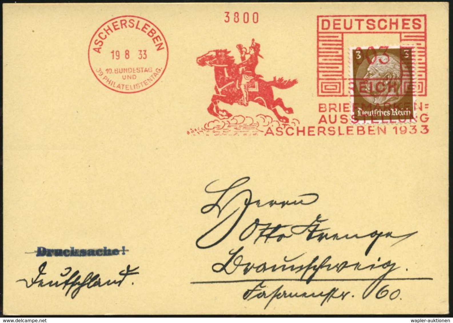 ASCHERSLEBEN/ 10.BUNDESTAG/ UND/ 39.PHILATELISTENTAG/ BRIEFMARKEN-/ AUSSTELLUNG. 1933 (19.8.) Seltener Ereignis-AFS 003  - Briefmarkenausstellungen