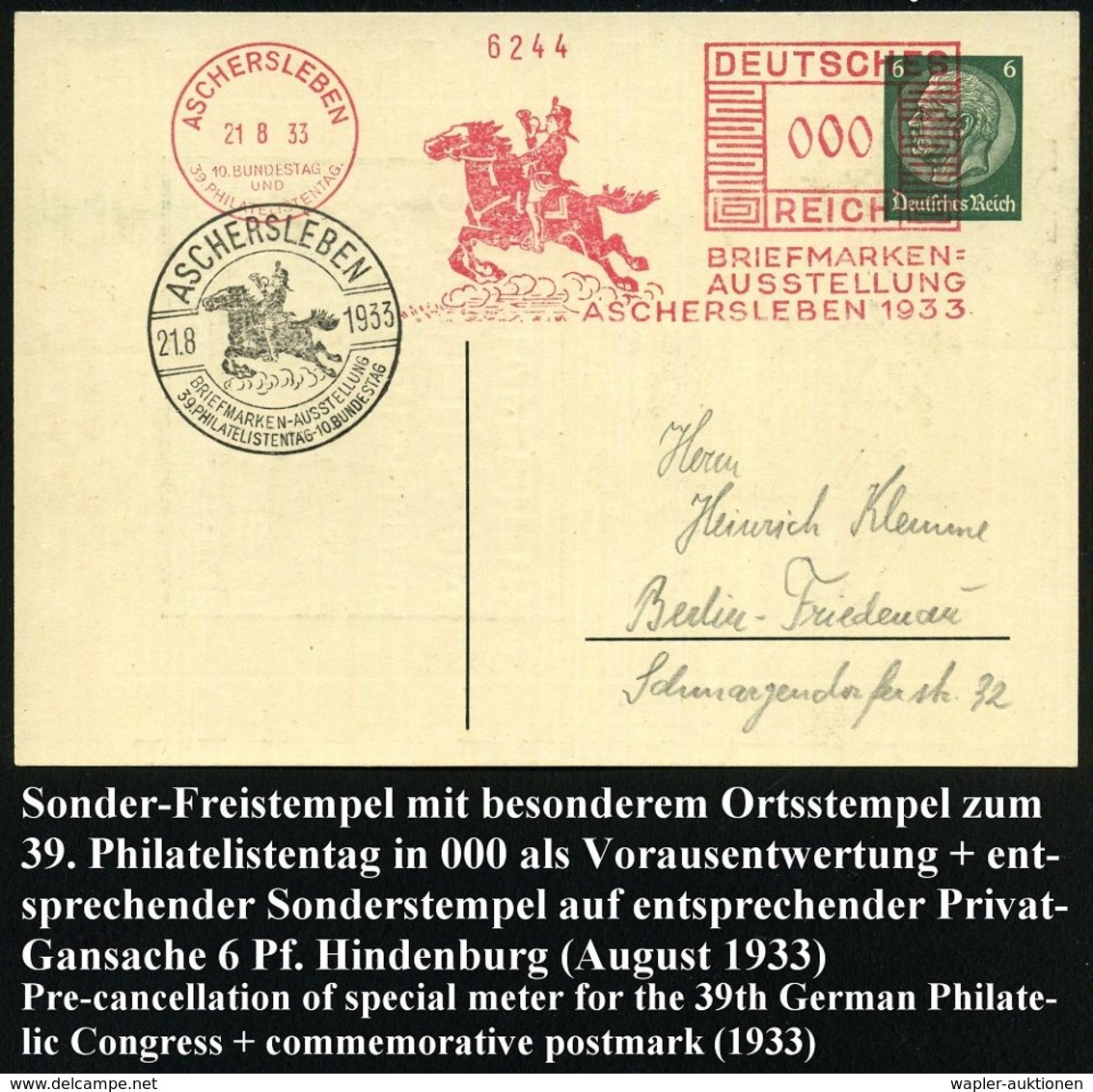 ASCHERSLEBEN/ 10.BUNDESTAG/ U./ 39.PHILAT.TAG/ BRIEFMARKEN-/ AUSSTELLUNG.. 1933 (21.8.) AFS Sonderform (Postreiter) In 0 - Briefmarkenausstellungen