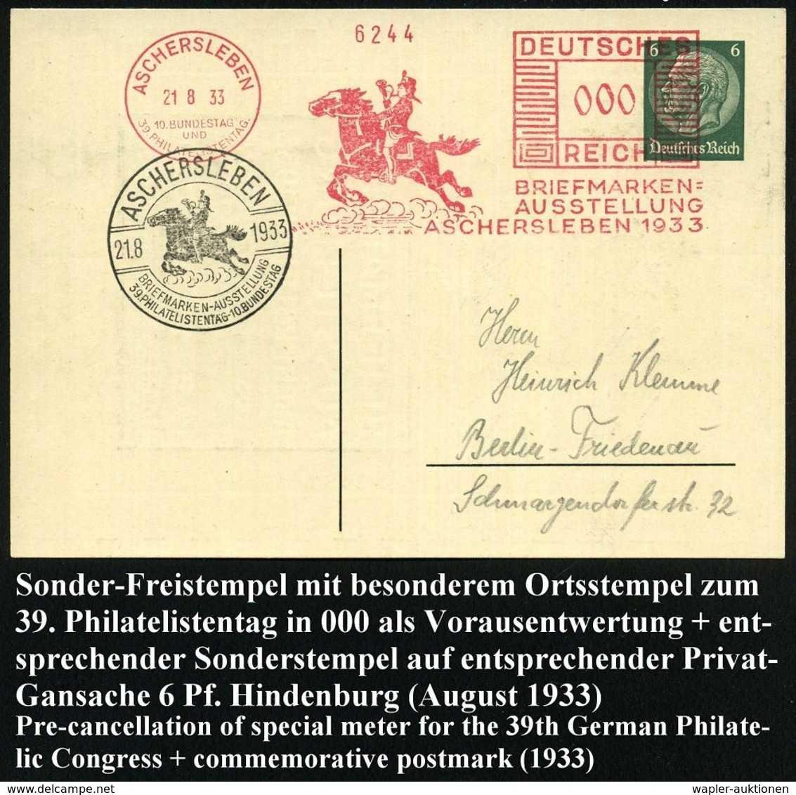 ASCHERSLEBEN/ 10.BUNDESTAG/ U./ 39.PHILAT.TAG/ BRIEFMARKEN-/ AUSSTELLUNG.. 1933 (21.8.) AFS Sonderform (Postreiter) In 0 - Esposizioni Filateliche