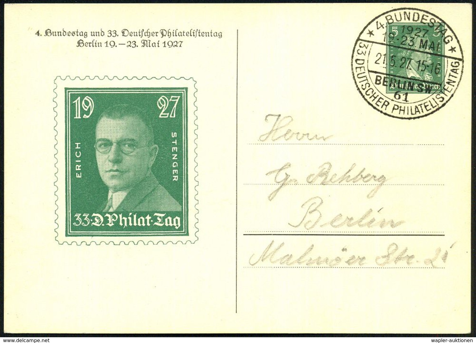 BERLIN SW/ 61/ 4.BUNDESTAG/ 33.DEUTSCHER PHILATELISTENTAG 1927 (21.5.) SSt Auf PP 5 Pf. Schiller Grün: 4. Bun-destag U.  - Expositions Philatéliques