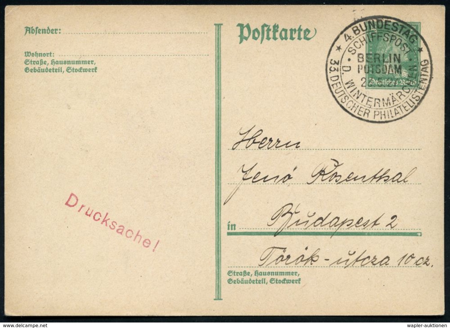 BERLIN/ POTSDAM/ SCHIFFSPOST/ D.WINTERMÄRCHEN/ 33.DT.PHILATELISTENTAG 1927 (23.5.) Seltener SSt = Bord-postamt Dampfer " - Expositions Philatéliques