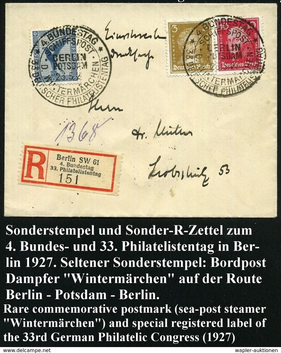 BERLIN/ POTSDAM/ SCHIFFSPOST/ D.WINTERMÄRCHEN/ 33.DEUTSCHER PHILATELISTENTAG 1927 (23.5.) Seltener SSt = Bord-Postamt Da - Filatelistische Tentoonstellingen