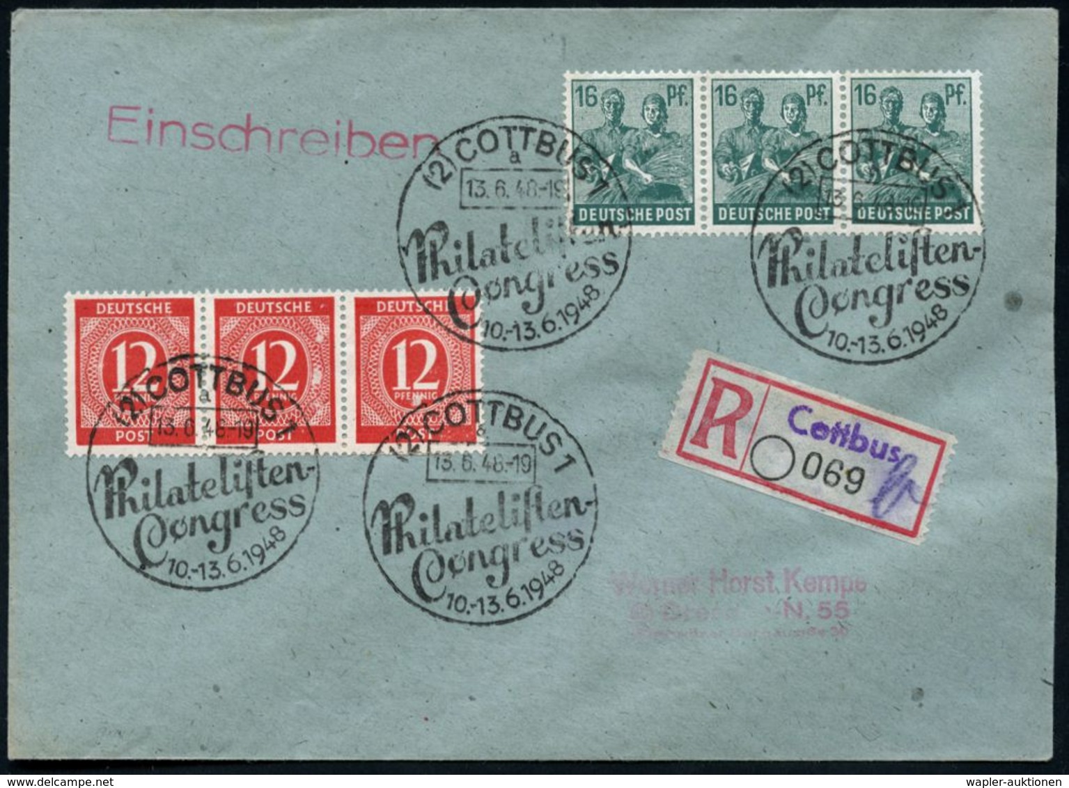 (2) COTTBUS 1/ A/ Philatelisten-/ Congress 1948 (13.6.) SSt 4x + Provis. RZ: Cottbus/b (viol. 1L + Hs. UB Auf Blanco-RZ  - Expositions Philatéliques