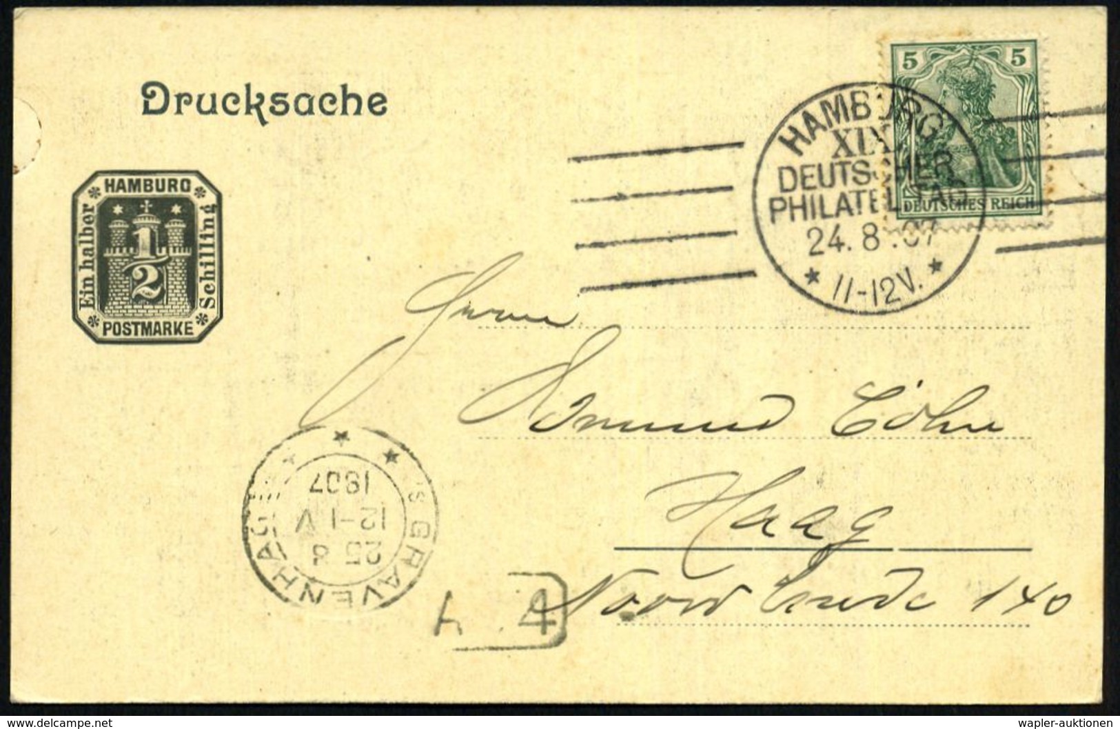 HAMBURG/ XIX./ DEUTSCHER/ PHILATEL.TAG/ ** 1907 (24.8.) SSt In Sonderform Auf EF 3 Pf. Germania (Mi.84 I, Stock-Pkte.) K - Briefmarkenausstellungen