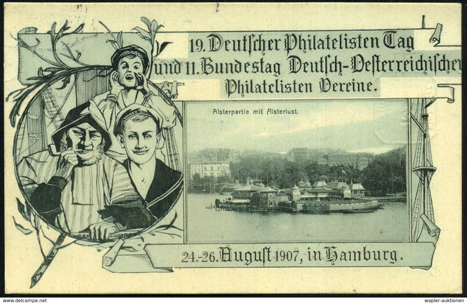 HAMBURG/ XIX./ DEUTSCHER/ PHILATEL.TAG/ ** 1907 (24.8.) SSt In Sonderform Auf EF 3 Pf. Germania (Mi.84 I, Stock-Pkte.) K - Briefmarkenausstellungen