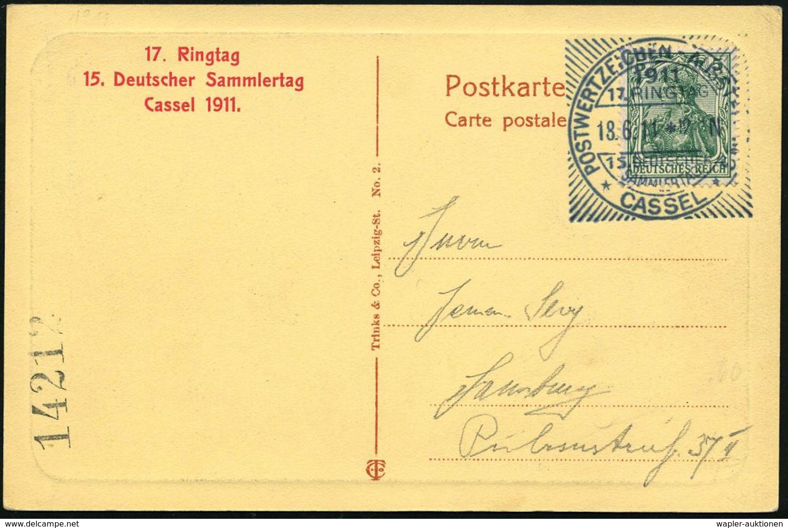 Kassel 1911 (18.6.) SSt: CASSEL/POSTWERTZEICHEN-AUSSTELLUNG/17.RINGTAG/15.DEUTSCHER/SAMMLERTAG (Sonderform Mit Strahlenk - Briefmarkenausstellungen