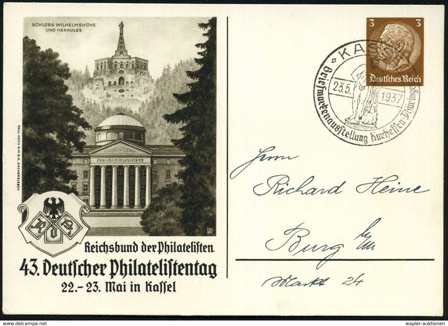KASSEL/ Briefmarkenausstellung Kurhessen-Thüringen 1937 (23.5.) SSt = Herkules Auf PP 6 Pf. Hindenbg., Braun: 43. Deutsc - Philatelic Exhibitions