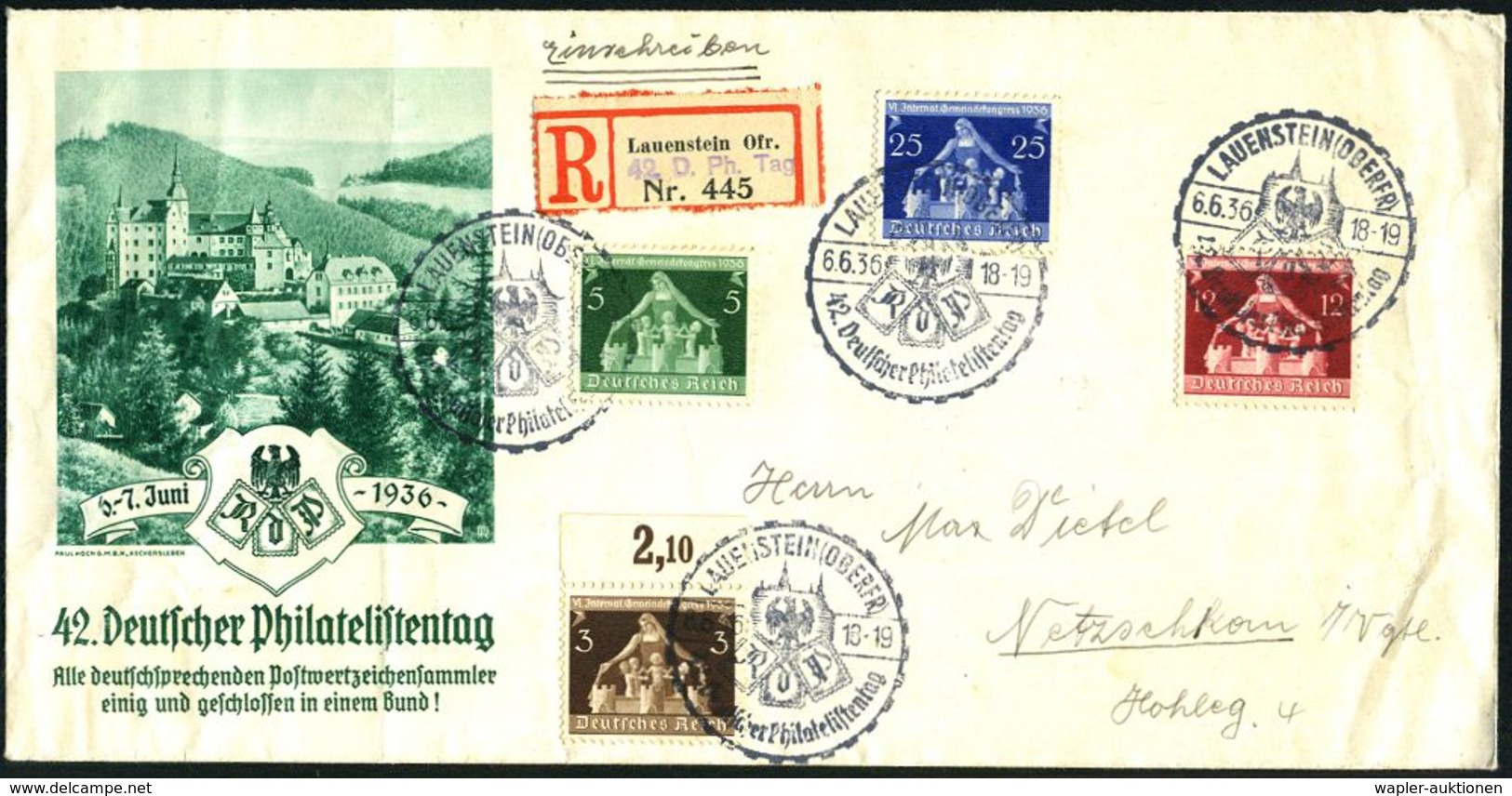 LAUENSTEIN (OBERFR)/ 42. Deutscher Philatelistentag 1936 (6.6.) SSt Mehrfach + Provis. Sonder-RZ: Lauenstein Ofr./42. D. - Filatelistische Tentoonstellingen