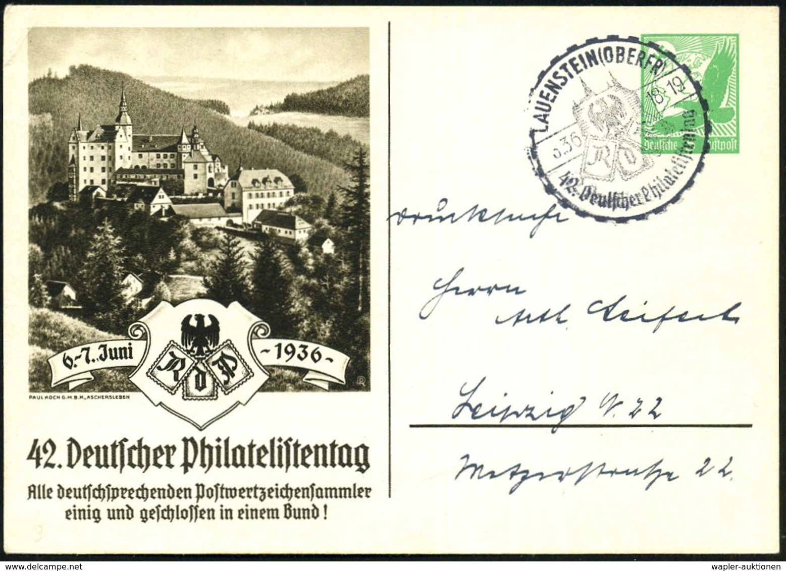 LAUENSTEIN (OBERFR)/ RdPh/ 42.Deutscher Philatelistentag 1936 (6.6.) SSt Auf PP 5 Pf. Adler, Grün: 42. Deutscher Philate - Expositions Philatéliques