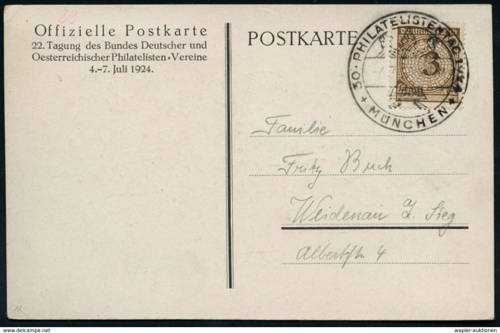 MÜNCHEN/ 30.PHILATEL.TAG 1924 (4.7.) SSt (Münchner Kindl.) Auf Künstler-Sonder-Kt.: 22. Tagung D.Bundes Deutscher U.Oest - Briefmarkenausstellungen