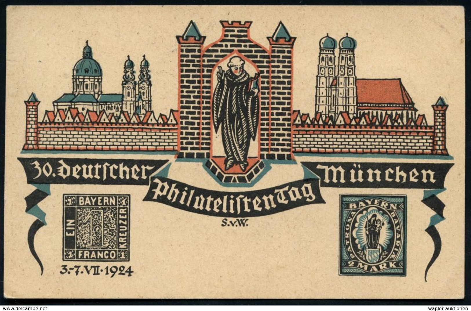 MÜNCHEN/ DEUTSCHE POSTWERTZEICHENAUSSTELLUNG 1924 (6.7.) SSt. (Münchner Kindl) Auf Color-Sonder-Kt.: 30. Deutscher Phila - Esposizioni Filateliche