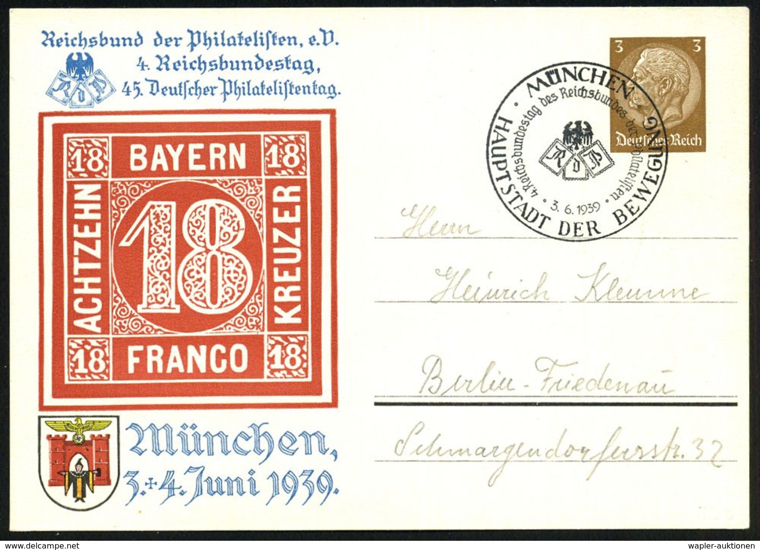 MÜNCHEN/ HDB/ 4.Reichsbundestag Des Reichsbundes Der Philatelisten 1939 (3.6.) SSt = RdPh-Logo Auf PP 3 Pf. Hindenbg., B - Briefmarkenausstellungen