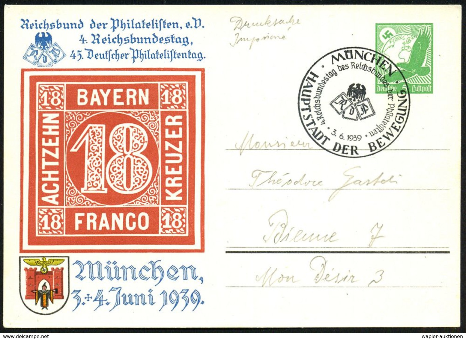MÜNCHEN/ HDB/ 4.Reichsbundestag Des Reichsbundes Der Philatelisten 1939 (3.6.) SSt Auf PP 5 Pf. Adler, Grün: 4. Reichsbu - Filatelistische Tentoonstellingen
