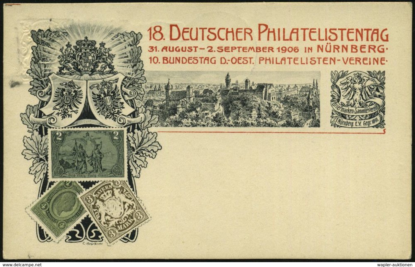 NÜRNBERG/ XVIII/ DEUTSCH./ PHILATELISTENTAG 1906 (1.9.) FaWSt = Jungfernadler + 2x 6 Wellen Auf PP 2 Pf. Wappen Grau: 18 - Briefmarkenausstellungen