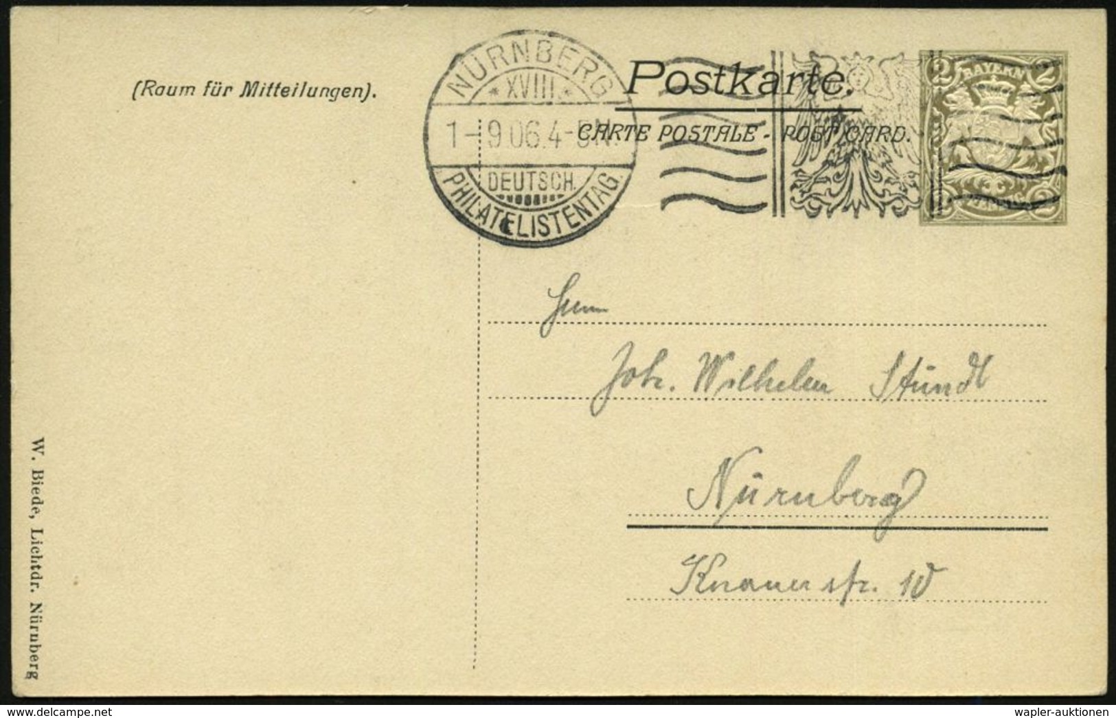 NÜRNBERG/ XVIII/ DEUTSCH./ PHILATELISTENTAG 1906 (1.9.) FaWSt = Jungfernadler + 2x 6 Wellen Auf PP 2 Pf. Wappen Grau: 18 - Briefmarkenausstellungen